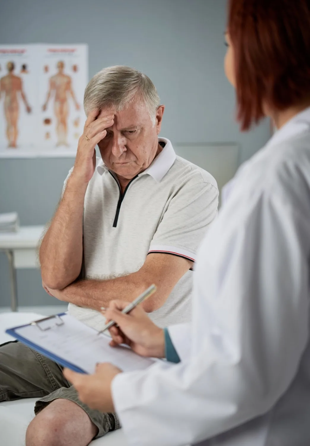 Upset senior man listening to his diagnosis